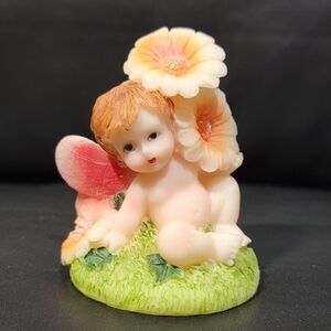 Vintage Hand Painted Resin Angel Cherubic Figurine with Pink Wings and Flowers
